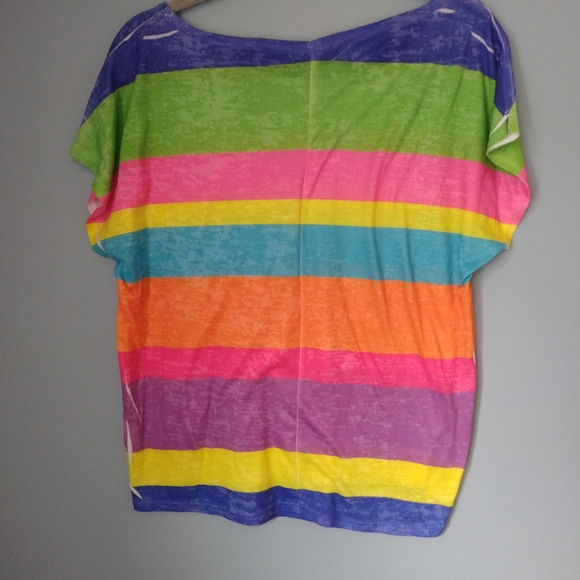 Multicolor Rainbow Short Sleeve Loose Wide Neck T-Shirt - Picture 4 of 6